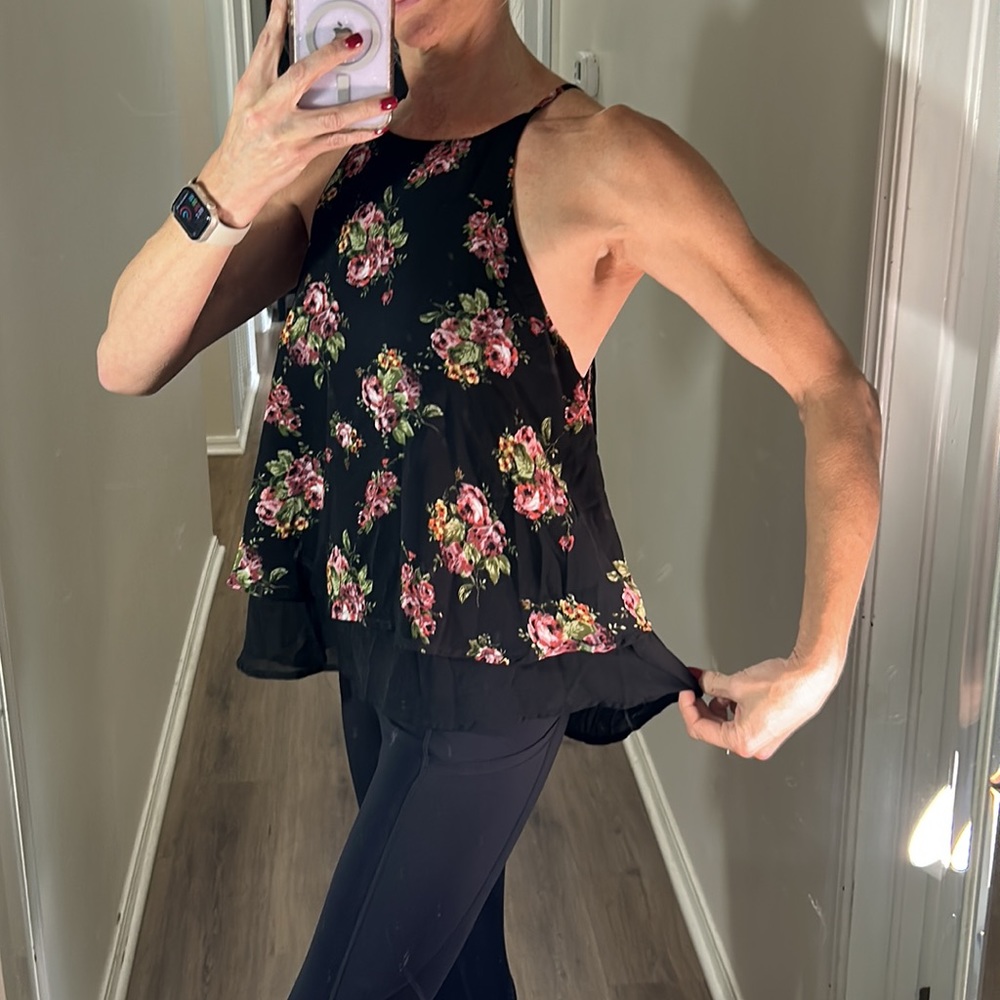 Iris Black Floral racer back style double layer blouse with roses as pattern